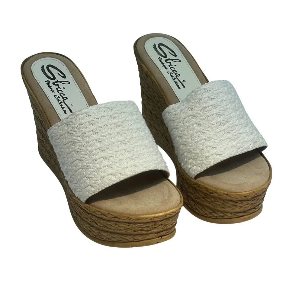 Sbicca Vintage Collection White Woven Platform Wedge Slide Sandals Womens 9 Boho